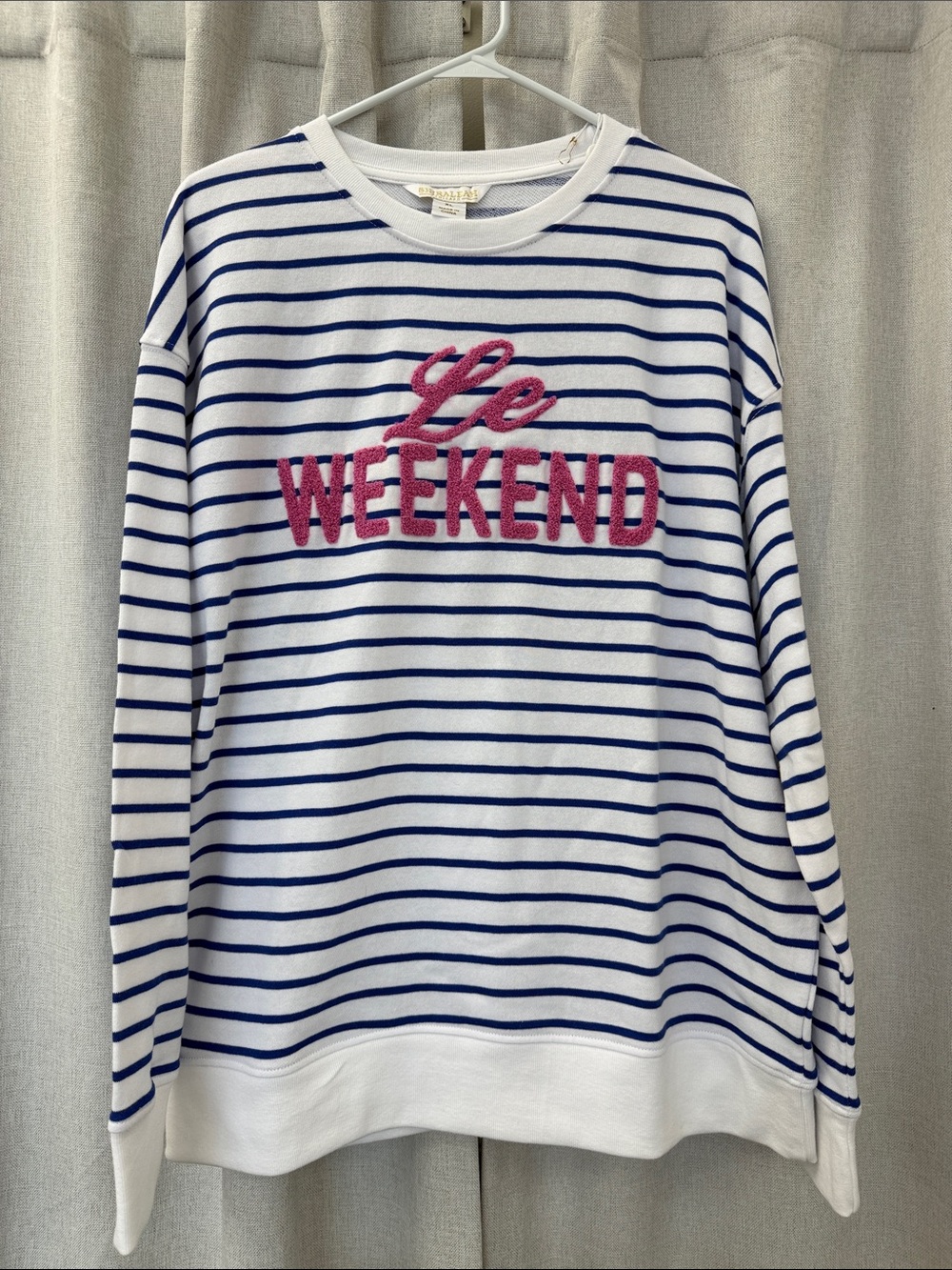Striped 'Le Weekend' Pullover Sweatshirt - Navy & White with Pink Logo